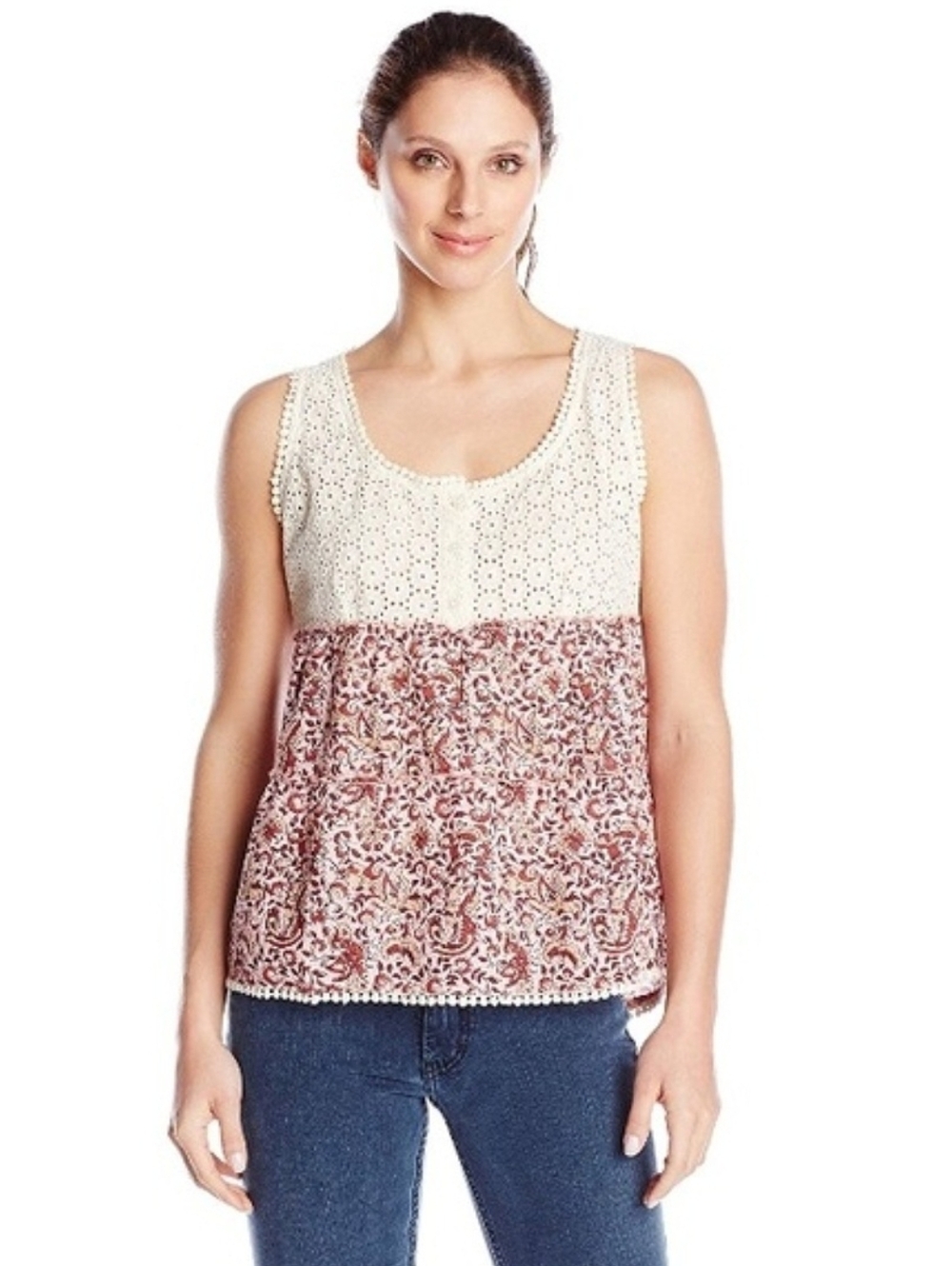 PrAna "Effie" Lace Eyelet Floral Babydoll Tank Top Cream Pink | Women's Size S